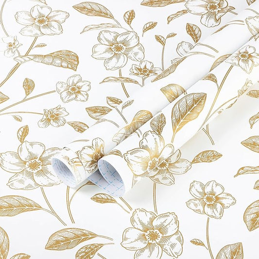Heroad Floral Wallpaper Peel and Stick White and Gold Contact Paper Boho Peel by HeroadBrand