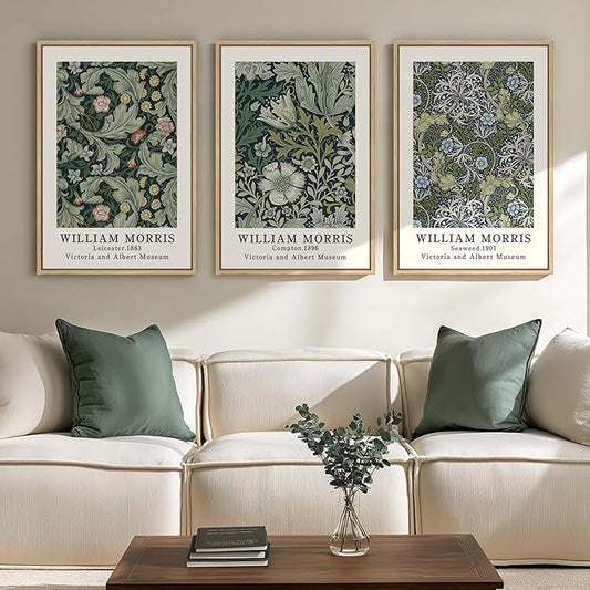 Framed William Morris Canvas Wall Art Green Decor Set of 3, Vintage Large by Cuspin