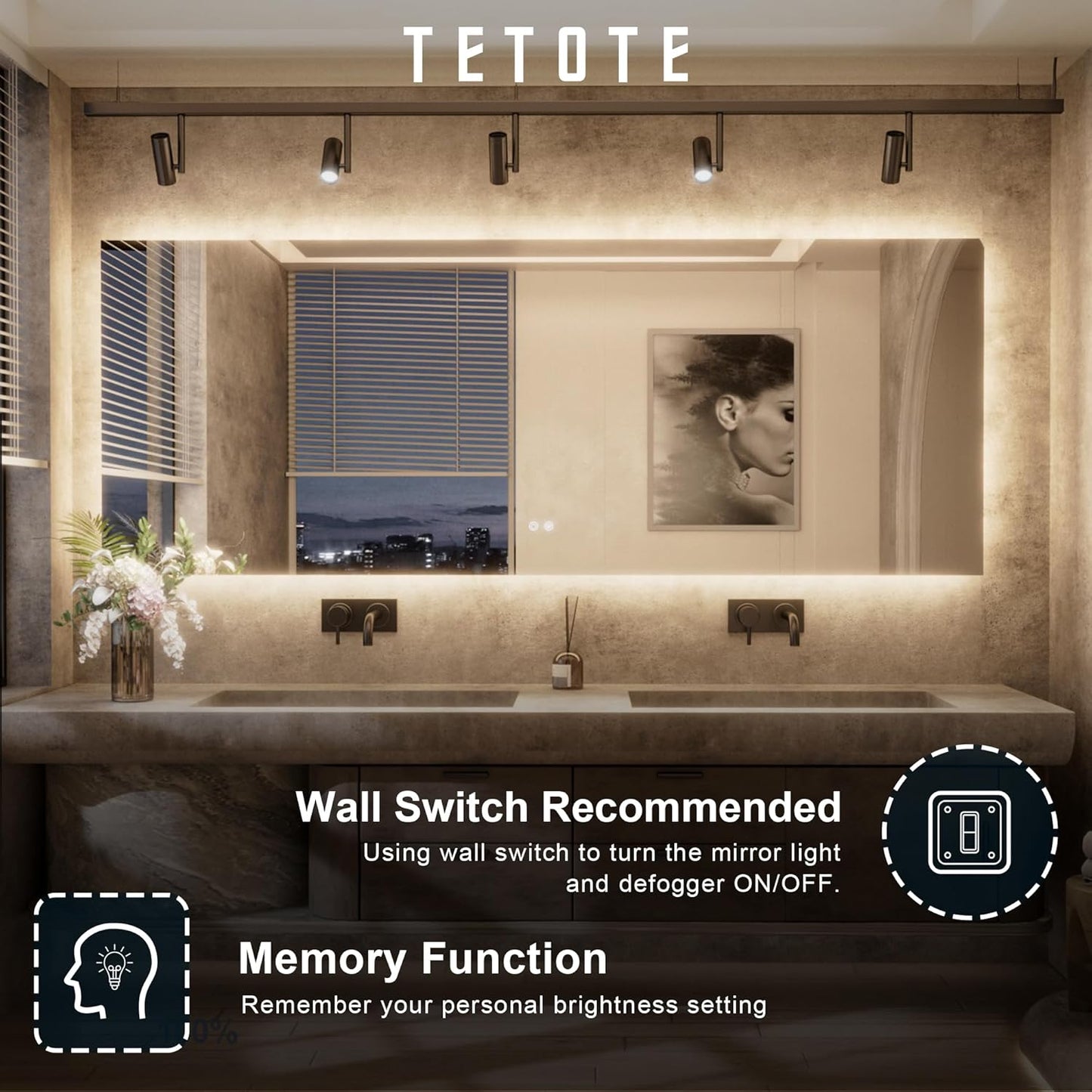 TETOTE 60 x 36 Inch LED Backlit Bathroom Mirror with Lights, 3Color White/Warm/Natural, Anti-Fog Lighted Mirror,Dimmable,Vanity Mirror,Wall Mounted