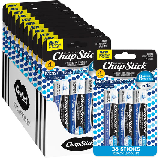 ChapStick Lip Moisturizer, Original 2-in-1 Lipcare SPF 12 3-Packs (12 Sets/36 Tubes) – Bulk Lip Balm, New Formula, 0.15 Oz Ea