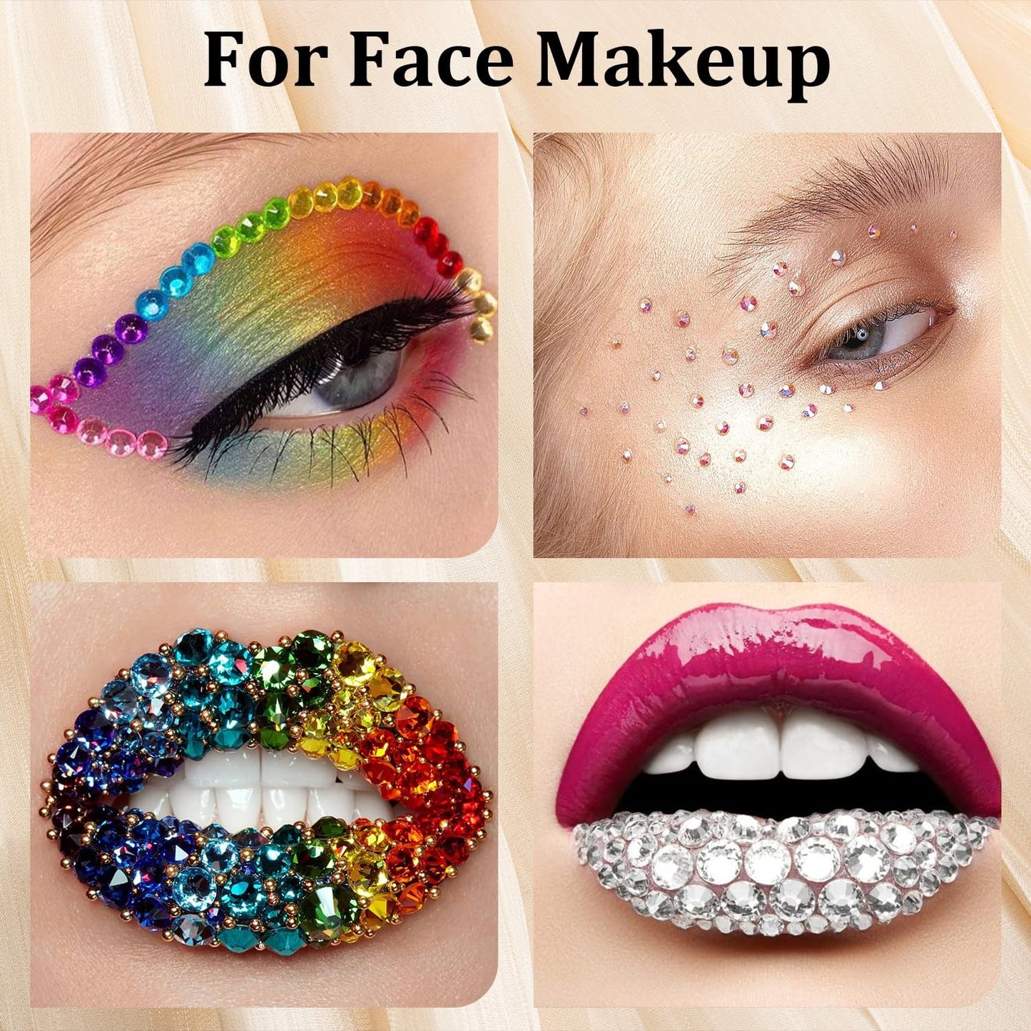 Colorful Face Gems for Makeup Set, Flatback Gorgeous Charming Mixed-Colored Chameleon Crystals with Makeup Glue+Picker Pencil+Tweezer+Dual-End Dotting Tool for Eye Body Hair Make-up and Nail Art Deco