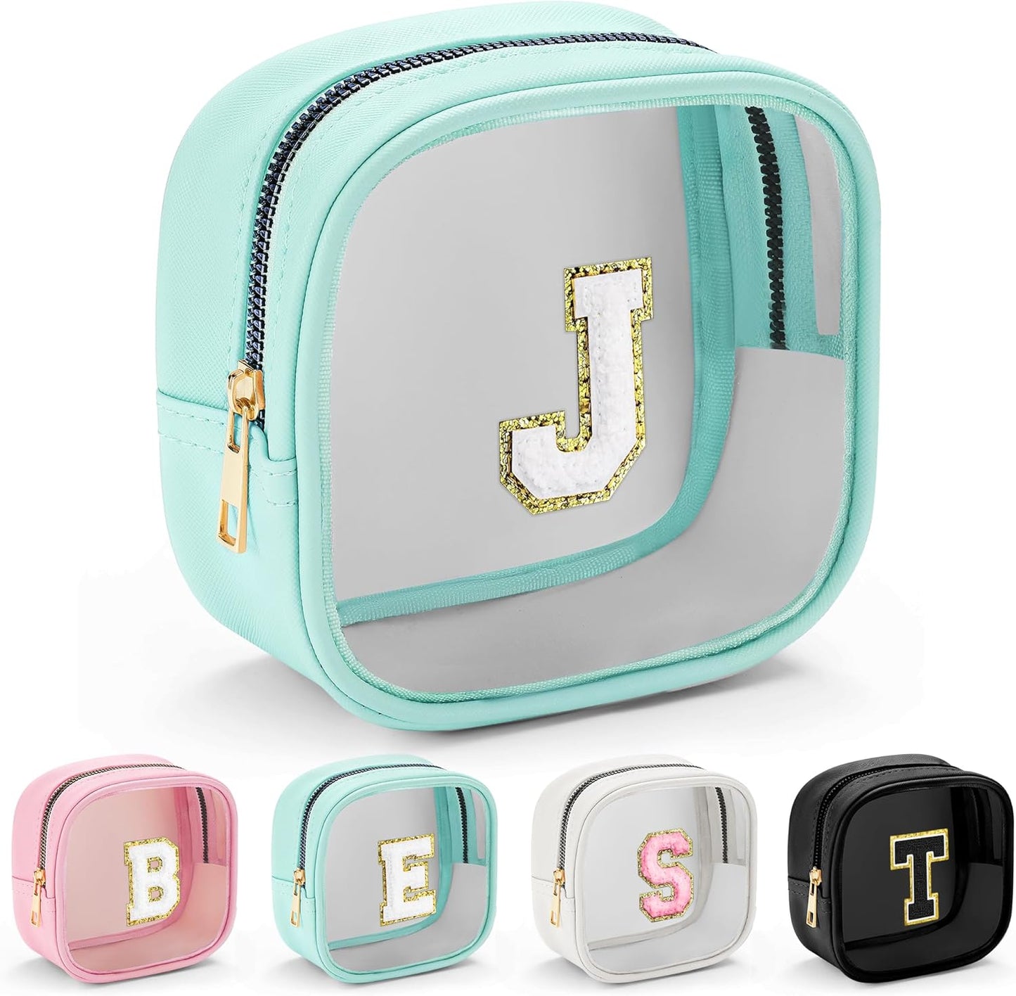 YOOLIFE Initial Make Up Bag Travel Toiletry Bag, Clear Makeup Bag Preppy Cosmetic Bags Small Makeup Bag Travel Essentials Gifts for Women Teen Girlfriend Teacher Mom Birthday Gifts Makeup Pouch Blue J