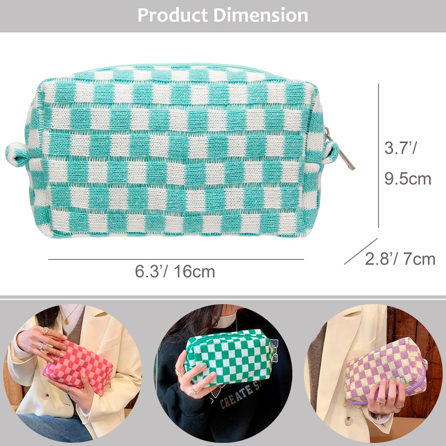 PAZIMIIK Checkered Makeup Bag for Purse Portable Zipper Make Up Pouch Small Cosmetic Case for Travel Accessories Arctic Blue