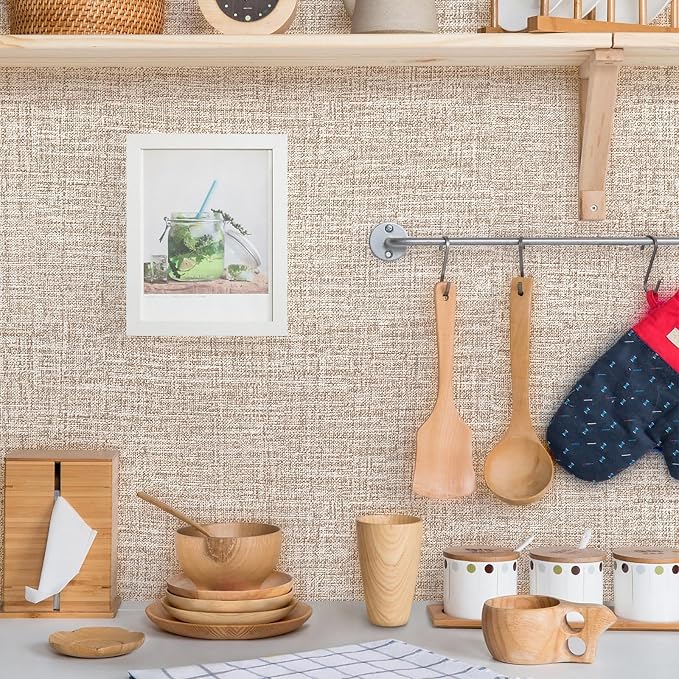 Khaki Grasscloth Peel and Stick Wallpaper 17.3"x120" Faux Linen Textured - Image 3
