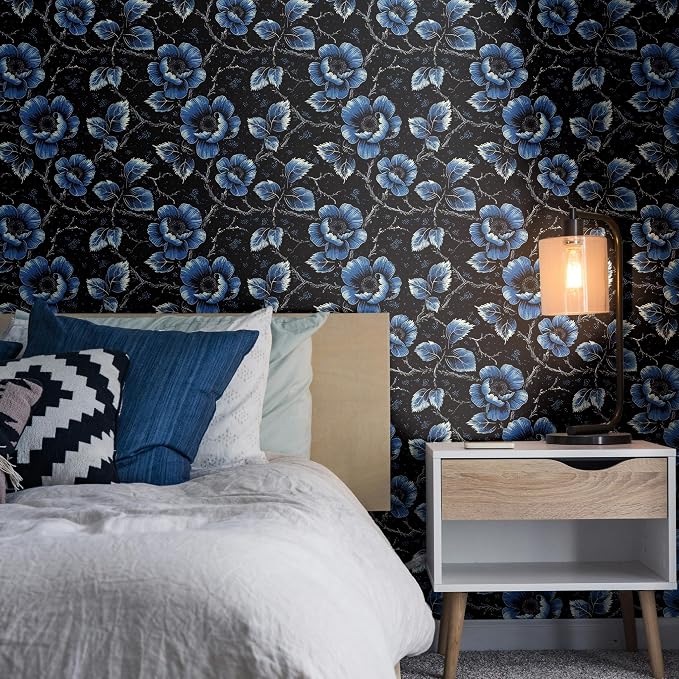 FLFK Black Floral Wallpaper Peel and Stick Dark Blue Flower Wallpaper 16" x - Image 3