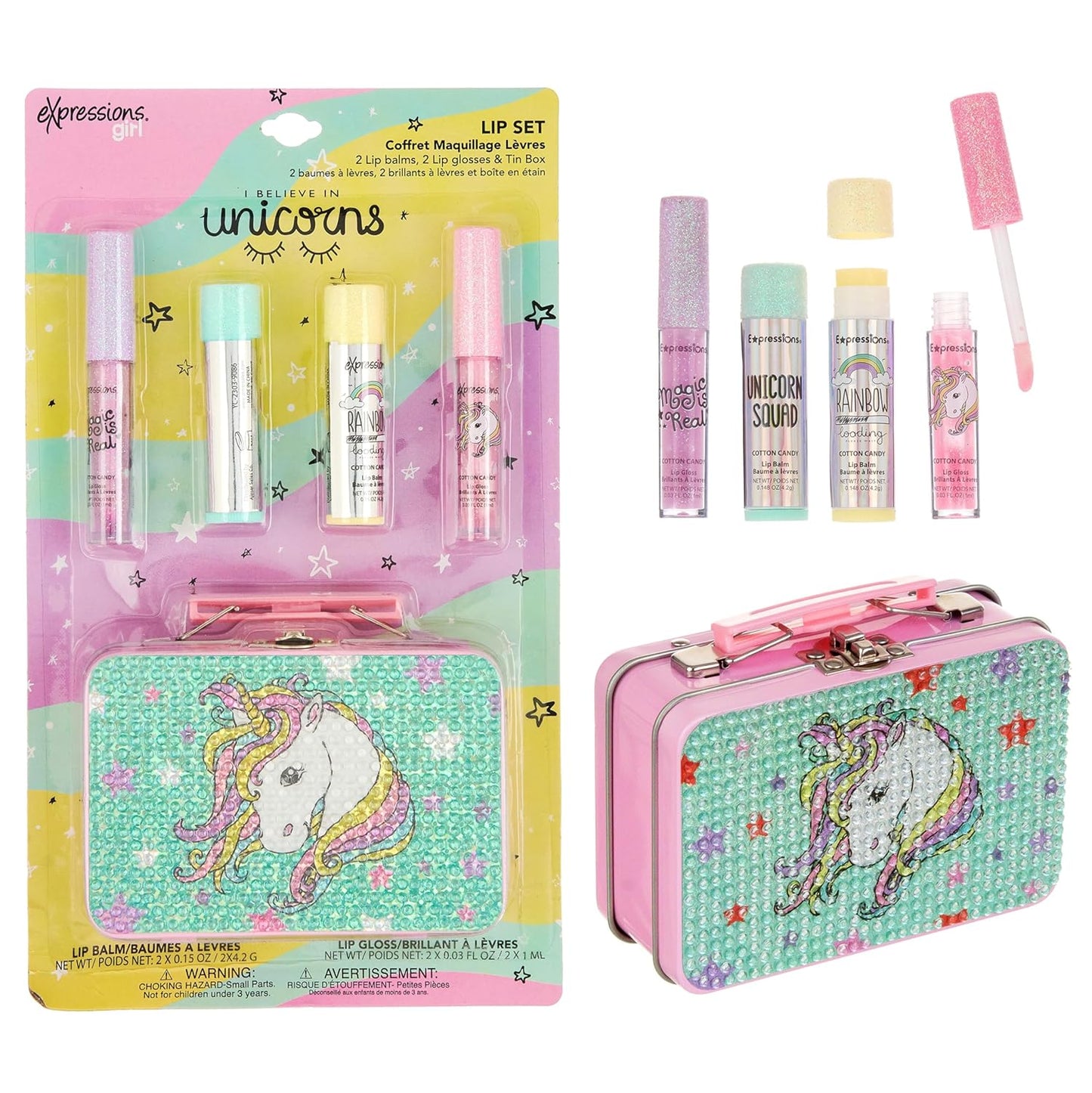 Expressions 5pc Cosmetics Lip Kit For Kids w/Lip Glosses, Lip Balms & Tin Box Storage Case I Believe in Unicorns Rhinestone,Washable + Non Toxic