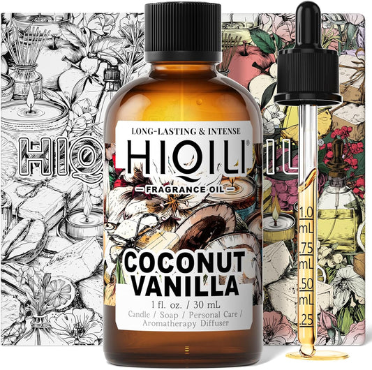 HIQILI Coconut Vanilla Fragrance Oil - for Candle Making, Soap Making, Essential Oil for Diffuser, Humidifier, Home& Hotel & Car Use - 1 Fl Oz