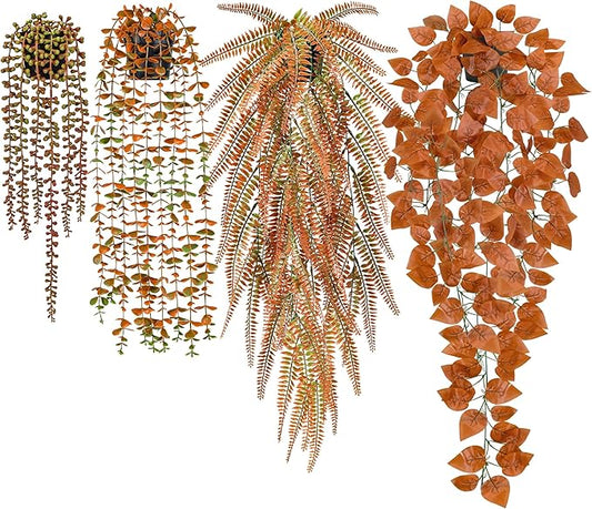 Der Rose 4Pcs Fake Fall Plants Hanging Orange Artificial Eucalyptus Plants by DerRose