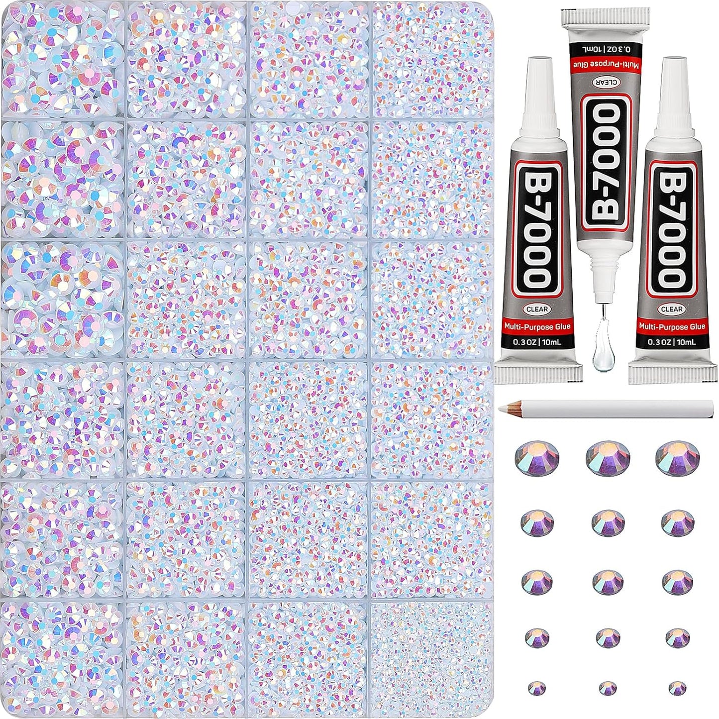 30000Pcs Resin Jelly Rhinestones Set for Crafting Bedazzling, White ab Flatback Gems Jewels for Crafts Clothes Shoes Fabric Outfit Nails Makeup, Flat Back Crystal 2-6mm with b 7000 Glue