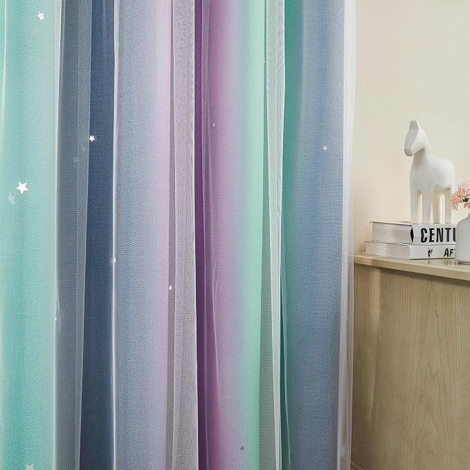 XiDi Curtains for Bedroom Decor, Rainbow Purplgreen grey34/45 - Image 2