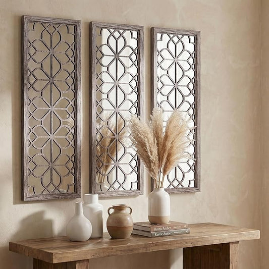 Set of 2 16x41.5 Inch Large Carved Floral Wood Frame Wall Mirrors, Shatterproof by HMANGE