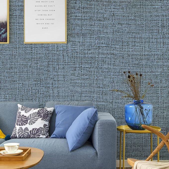 Blue Gray Grasscloth Peel and Stick Wallpaper 17.3"x1200" Faux Linen Textured - Image 5