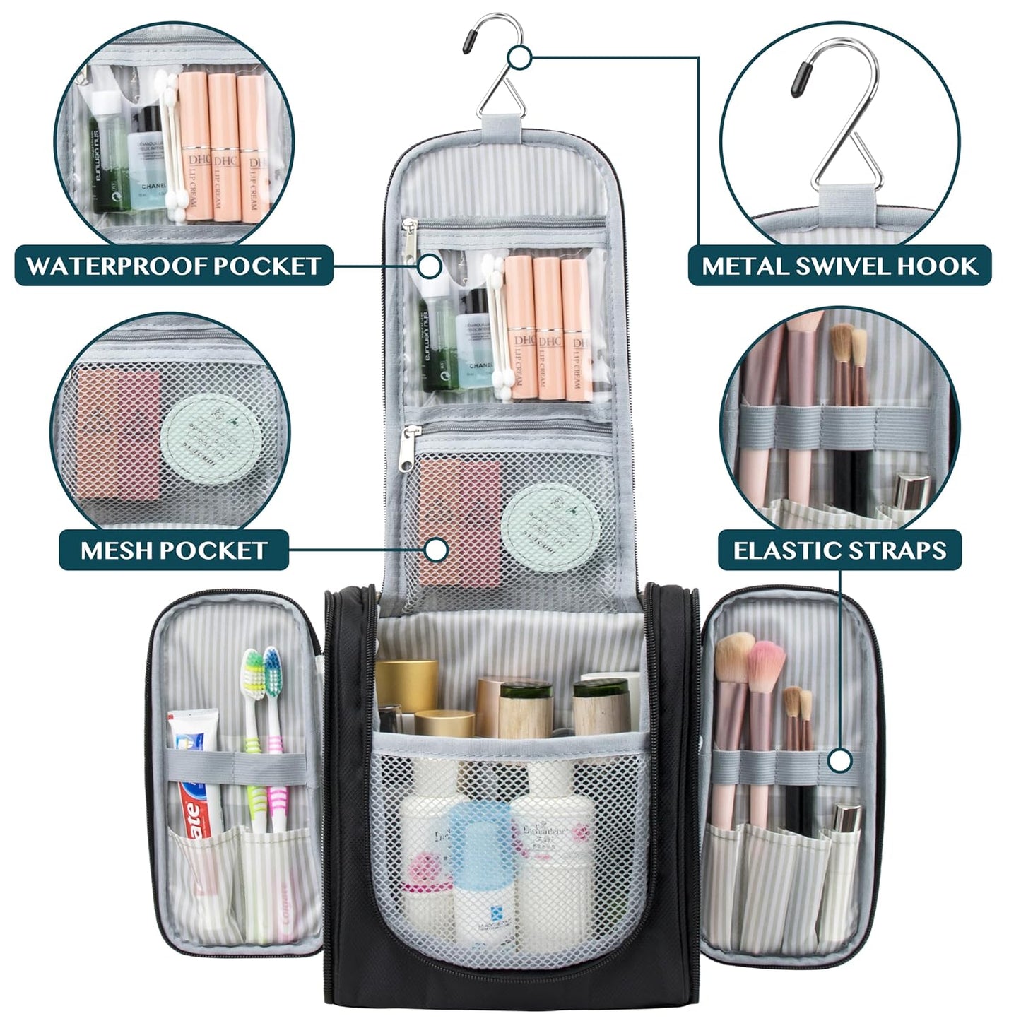 PAVILIA Toiletry Bag Travel Bag for Women Men, Hanging Cosmetic Organizer, Water Resistant Makeup Bag for Accessories Toiletries, Large Travel Essentials Kit (Black)