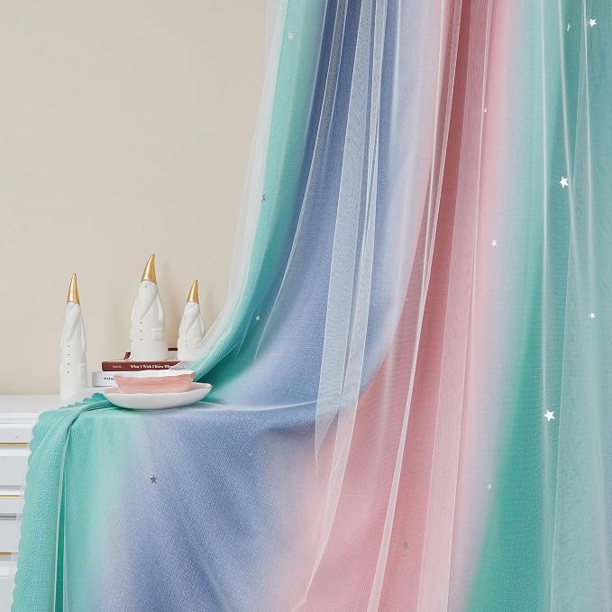 XiDi Curtains for Bedroom Decor, Rainbow Pinkgreen grey52/96 - Image 5