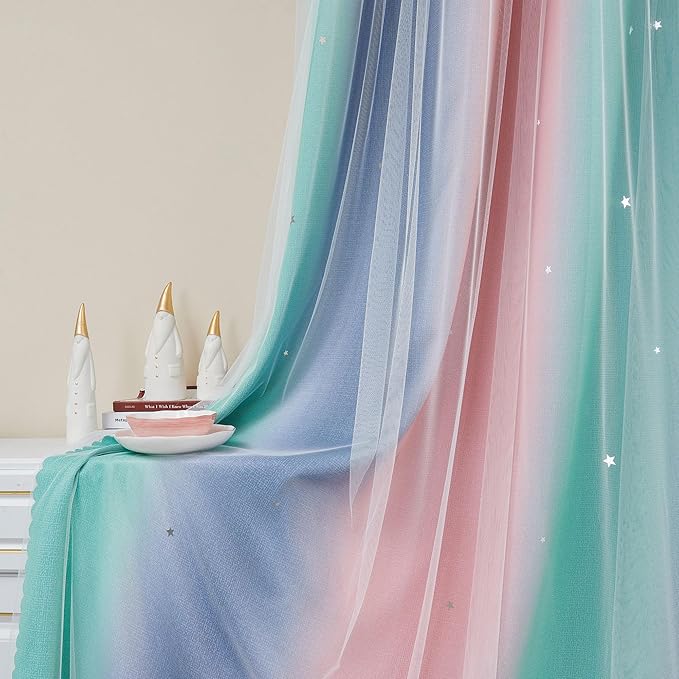 XiDi Curtains for Bedroom Decor, Rainbow Pinkgreen grey34/45 by Addsomecolortolife