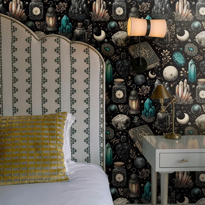 FLFK Black Wallpaper Peel and Stick Dark Witchy Wallpaper 16" x 384" Crystal - Image 3
