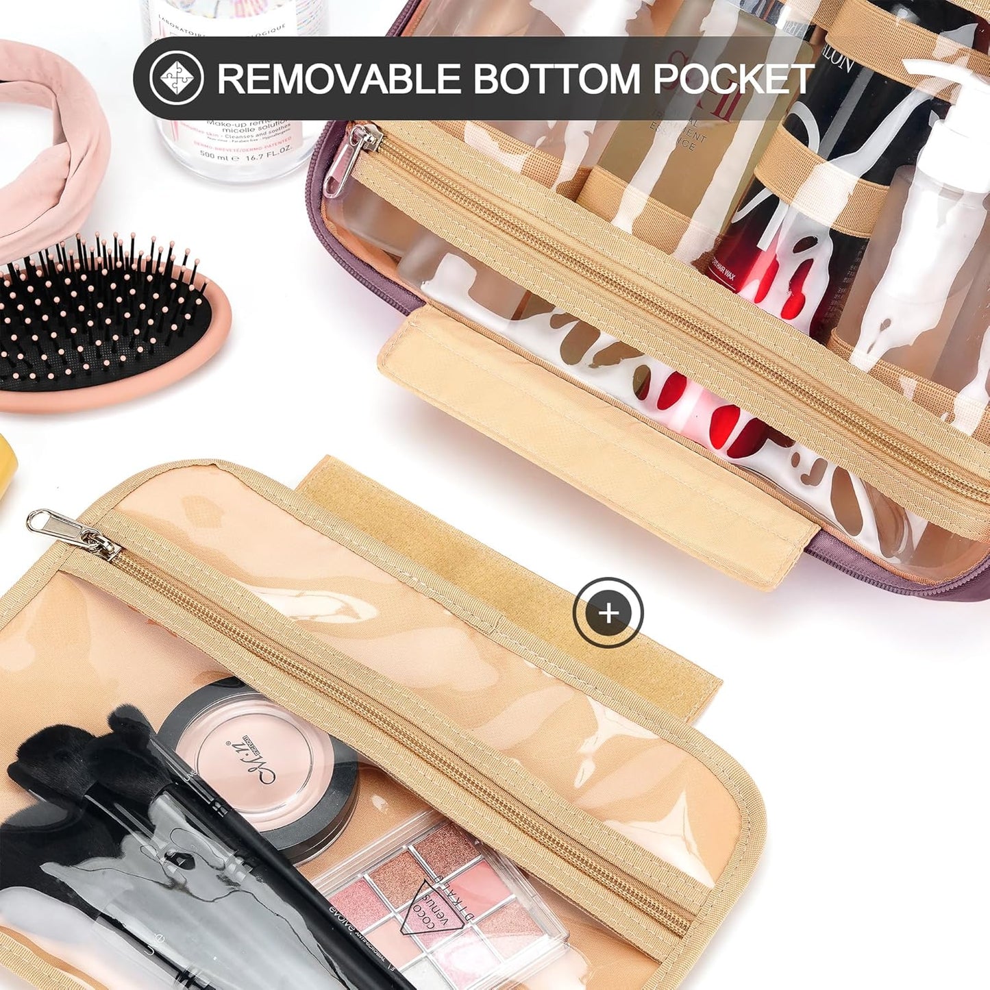 Travel Hanging Toiletry Bag for Women, with Jewelry Organizer Compartment, Medium Waterproof Hanging Makeup Accessories, Cosmetic Essentials, Toiletries Dopp Kit Set with Trolley Belt, Dark Purple