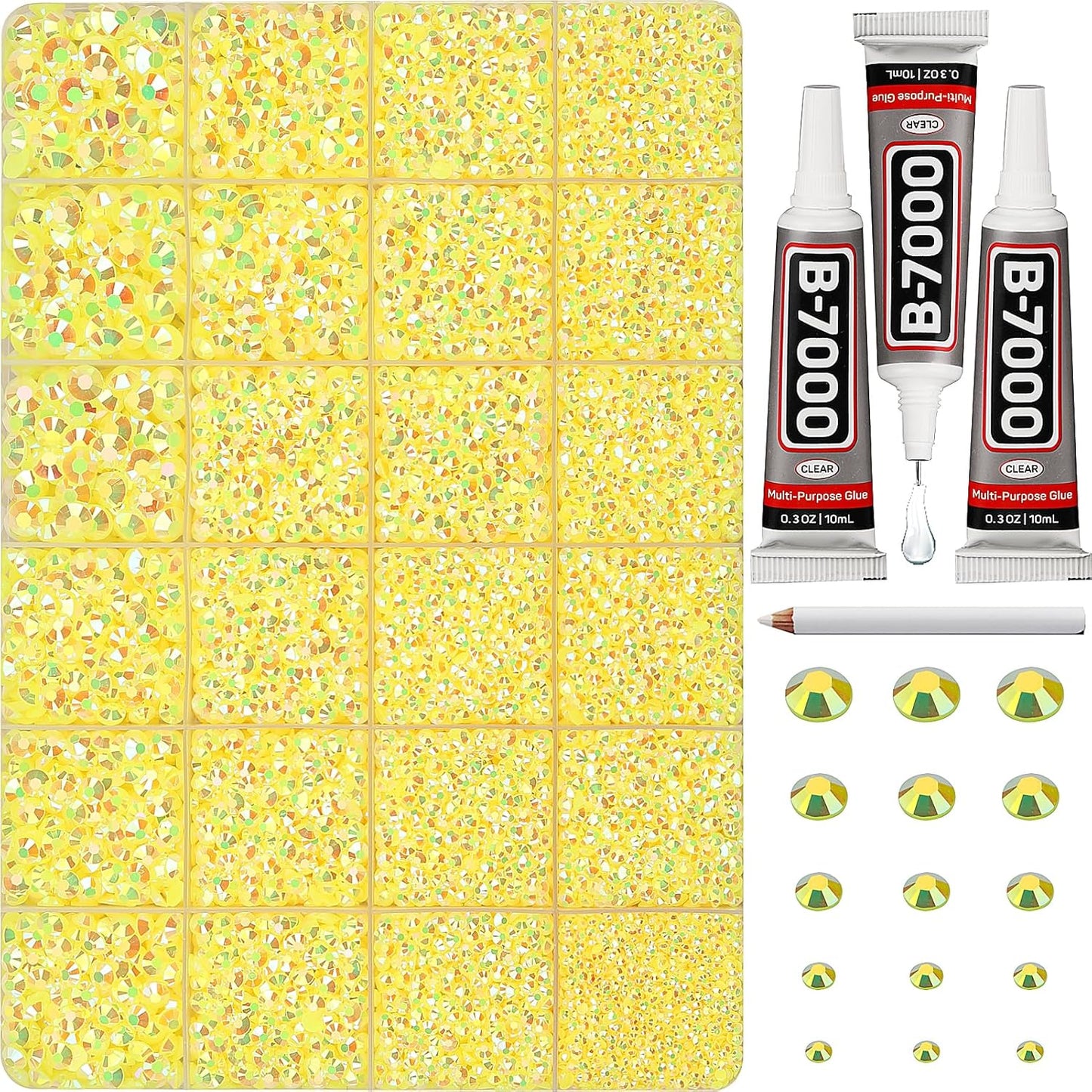 30000Pcs Resin Jelly Rhinestones Set for Crafting Bedazzling, Yellow AB Flatback Gems Jewels for Crafts Clothes Shoes Fabric Outfit Nails Makeup, Flat Back Crystal 2-6mm with b 7000 Glue