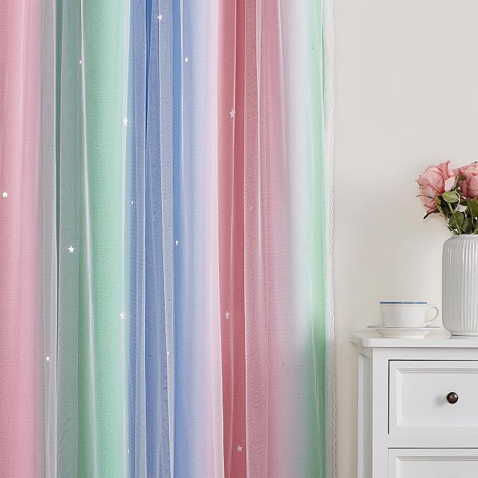 XiDi Curtains for Bedroom Decor, Rainbow Pink GreenBlue52/90/1 - Image 3