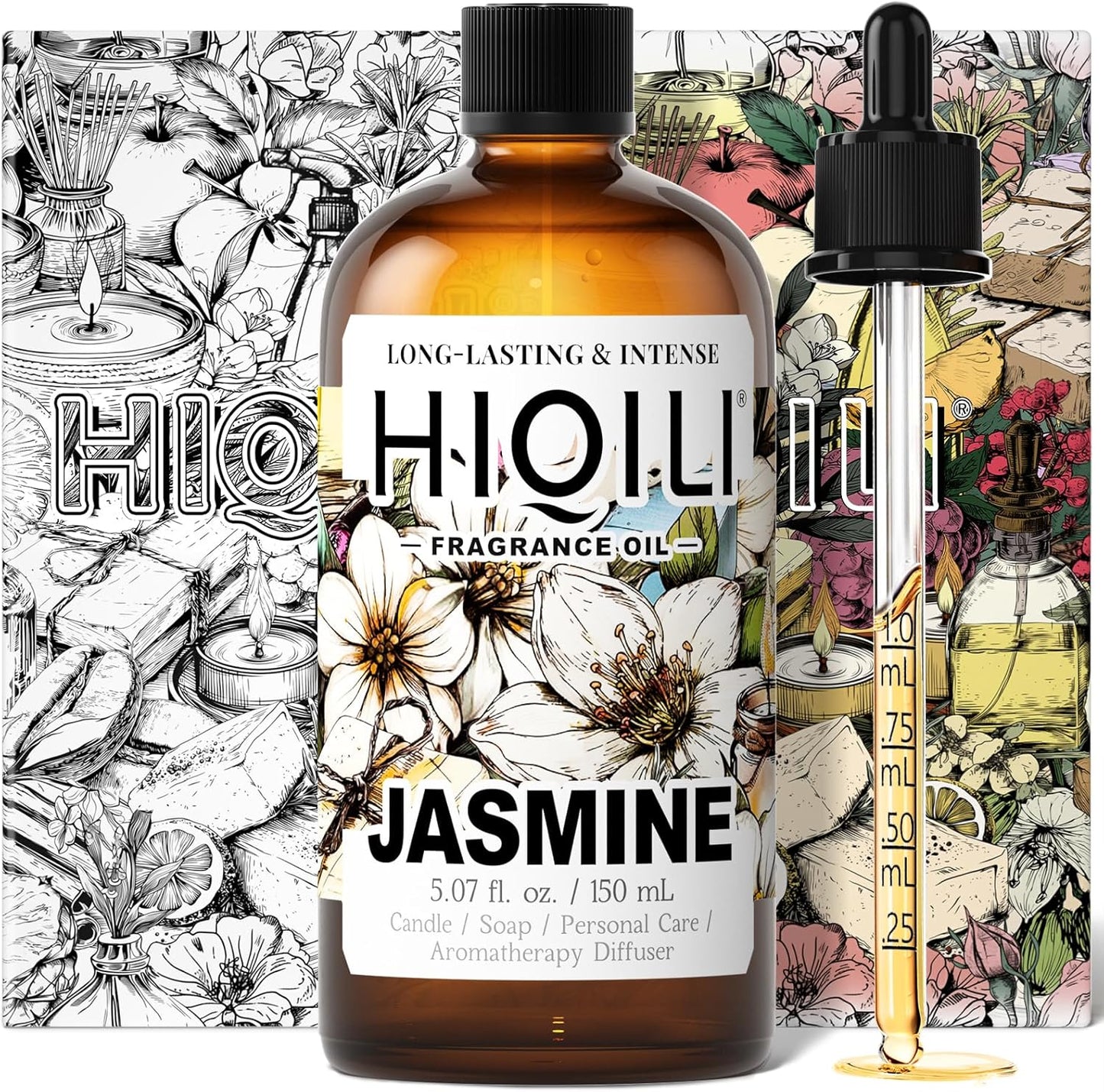 HIQILI Jasmine Fragrance Oil for Aromatherapy Diffuser, Floral Scent for Candle, Perfume Making, Skin Care, Laundry Essential Oil - 5.07 Fl Oz