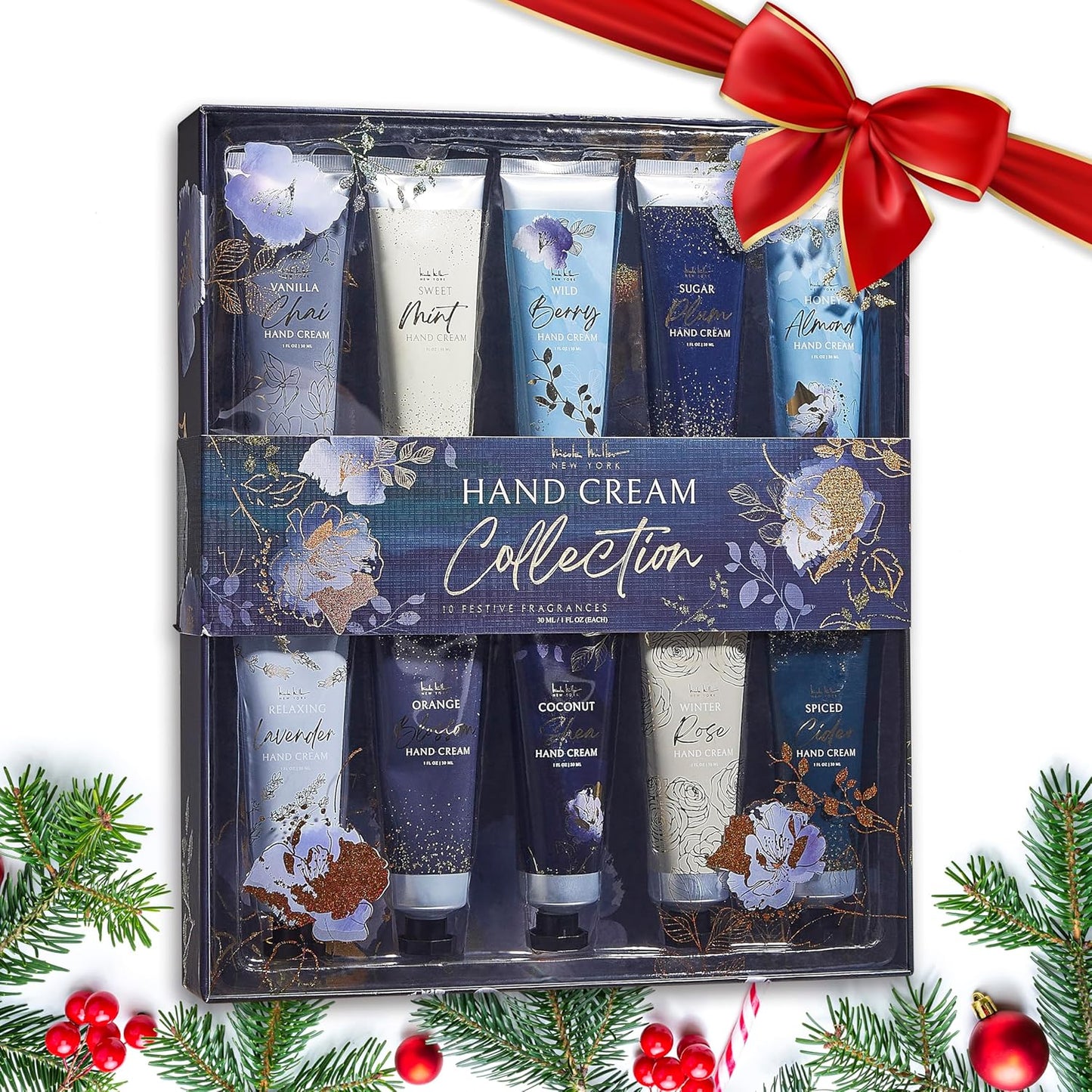 Nicole Miller New York 10-Piece Festive Fragrance Hand Cream Collection - 30ml Each Bottle, Ultra Hydrating Luxury for Your Hands, Navy Floral