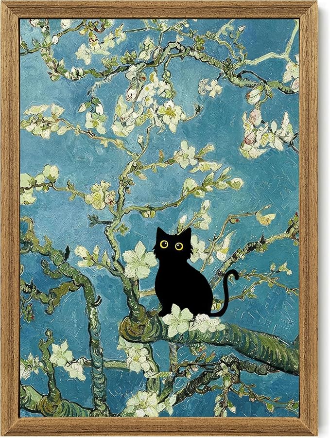 Fantasy Artists Van Gogh's Almond Blossom Funny Black Cat Canvas Wall Art by Unknown