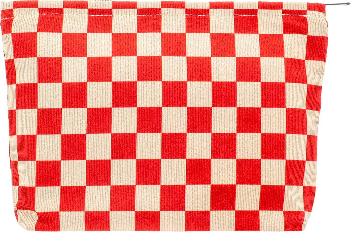 PAZIMIIK Makeup Bag Large Zipper Corduroy Make Up Pouch for Purse Travel Canvas Cosmetic Organizer for Women Brush Storage,Checkered Red