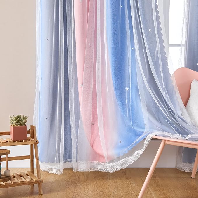 XiDi Curtains for Bedroom Decor, Rainbow PinkGreyBlue-52-45 - Image 4
