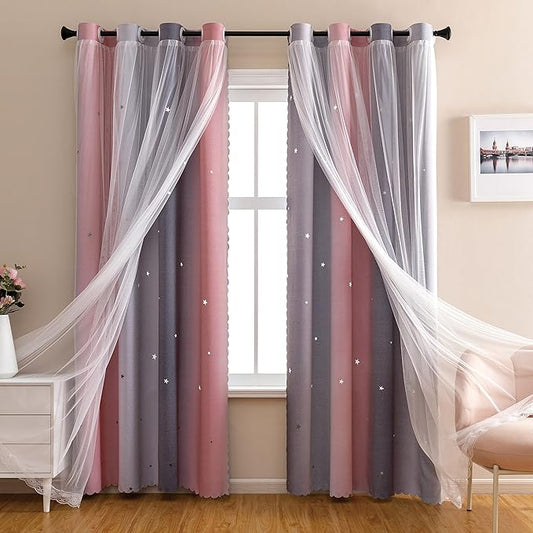 XiDi Pink and Grey Star Blackout Curtains by Addsomecolortolife