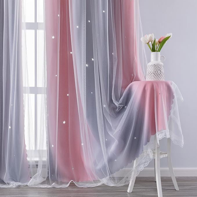 XiDi Curtains for Bedroom Decor, Rainbow Pink-Grey-52-45 - Image 3
