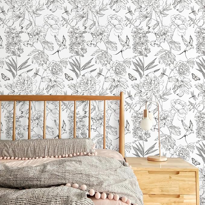 JiffDiff White and Black Wallpaper Peel and Stick Sketched Peony Floral - Image 4