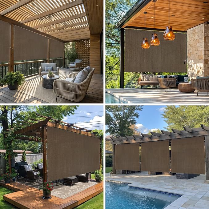 Custom Size Mocha Patio Shades Roll up Outdoor Roller Shade Crank Wand Blind - Image 5