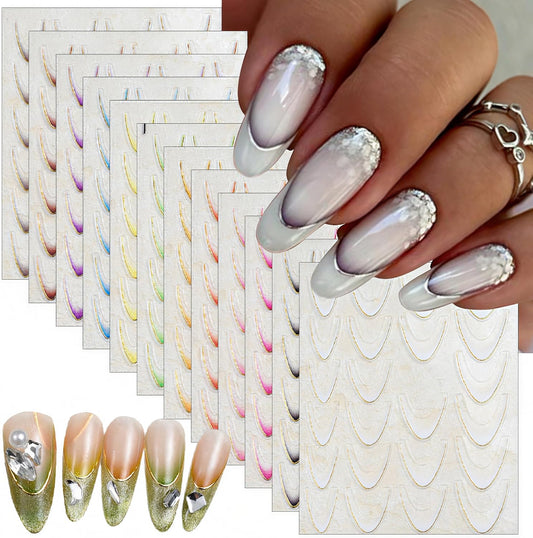 12Sheets Gradient French Tips Line Nail Stickers 3D Self-Adhesive Colorful Stripes Line Transfer Decals Curved Lines Nail Art Designs Nail Tips Manicure Accessories for Women Nail Art Decorations