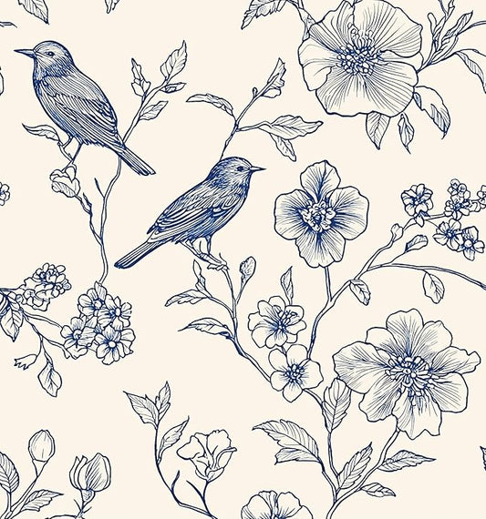 Beige Wallpaper Peel and Stick Blue Floral Bird Vintage Contact Paper 17.5" x by Laatse