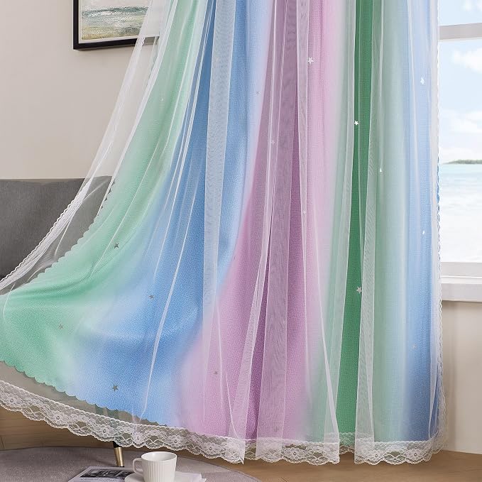 XiDi Curtains for Bedroom Decor, Rainbow Green PurpleBlue34/54/1 - Image 4
