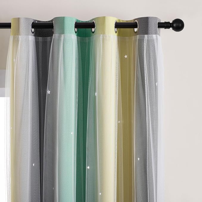 XiDi Curtains for Bedroom Decor, Rainbow GreenYellowGrey52/96/1 - Image 2