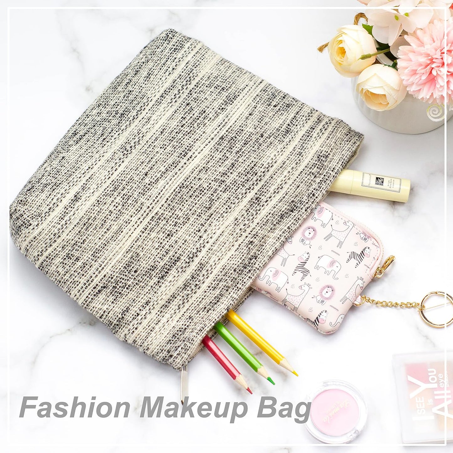 Makeup Bags for Purse Zipper Cosmetic Pouch Large Travel Canvas Make Up Organizer Tool Pouch for Women and Girls,Ripple Grey