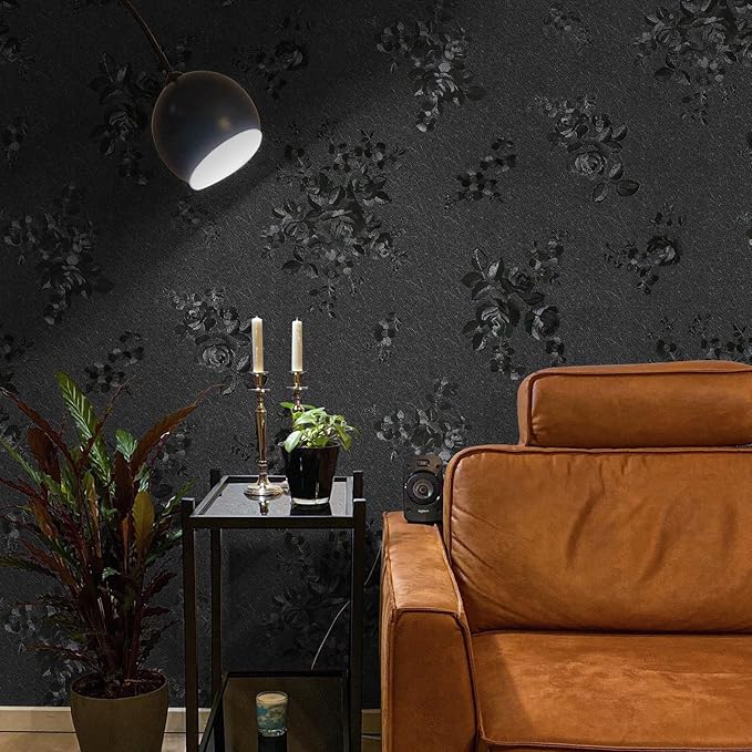 Black Peel and Stick Wallpaper 630inL 17.7inW Silk Embossed Floral Contact Paper - Image 5