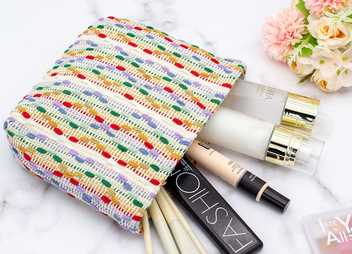 Makeup Bags for Purse Zipper Cosmetic Pouch Large Travel Canvas Make Up Organizer Tool Pouch for Women and Girls,Rainbow Dot