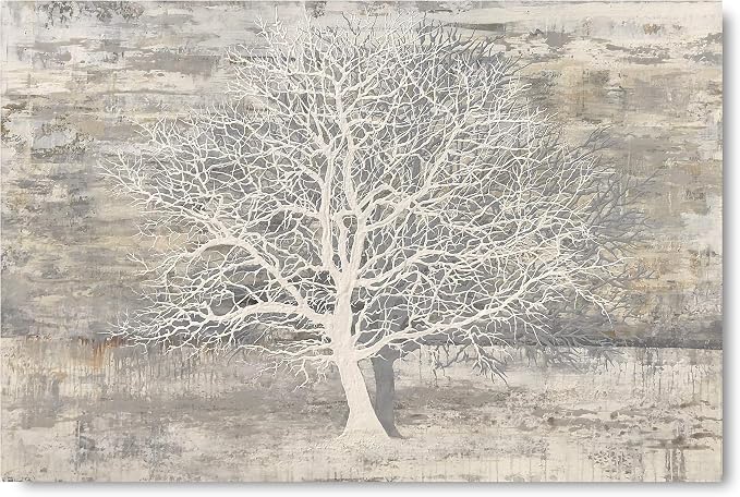Yihui Arts Tree Of Life Canvas Wall Art Hand Painted Grey White Beige Paintings - Image 2