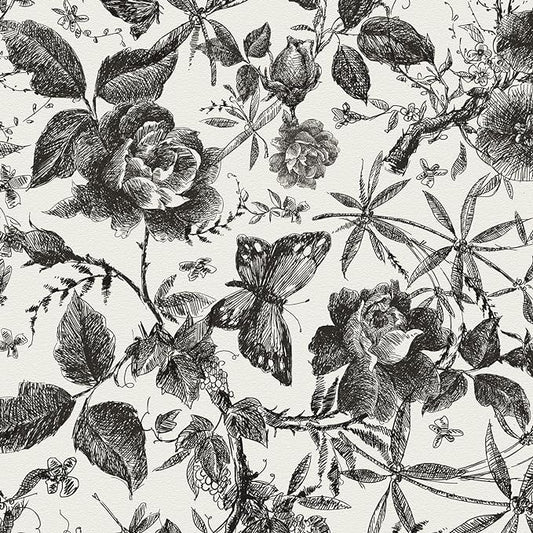 JiffDiff Floral Vintage Wallpaper Peel and Stick Wall Stick Black and White by wallpaper
