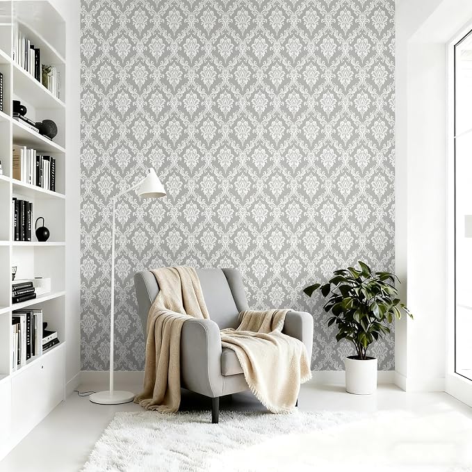 Peel and Stick Wallpaper Grey and White Damask Wallpaper - Image 3