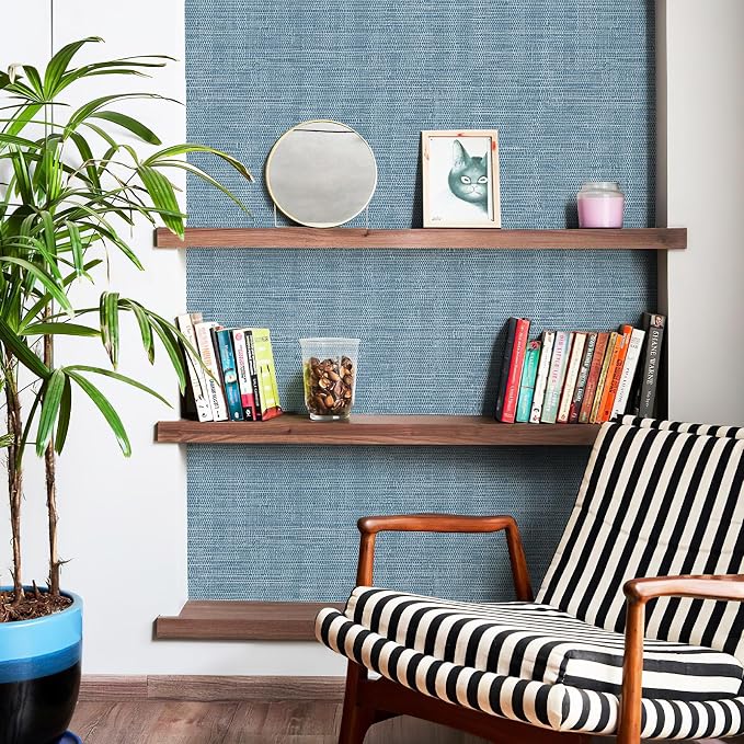JiffDiff Grasscloth Wallpaper Peel and Stick Blue Grassweave Stick on Wallpaper - Image 9