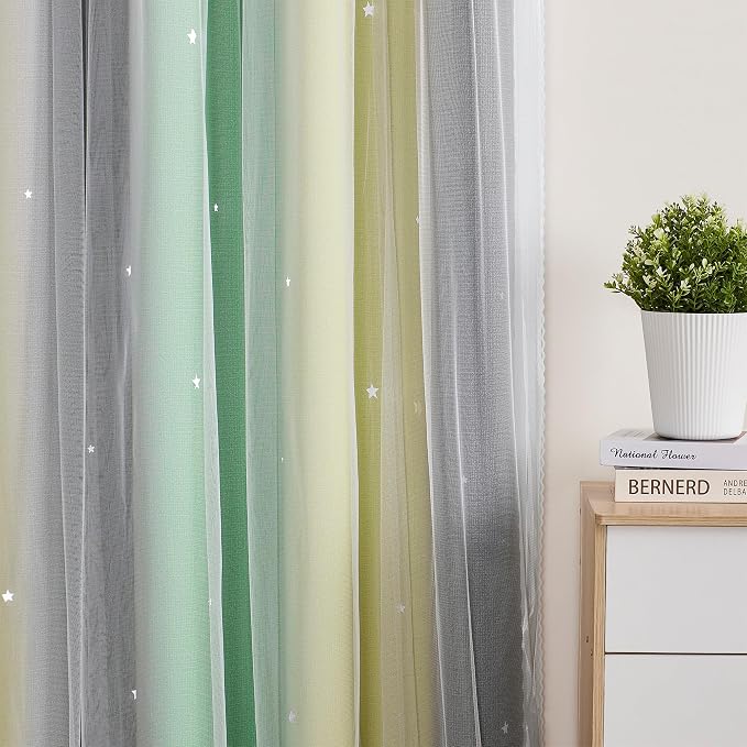 XiDi Curtains for Bedroom Decor, Rainbow GreenYellowGrey52/90/1 - Image 3