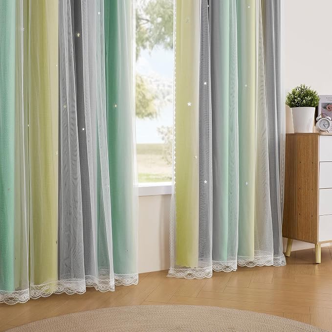 XiDi Curtains for Bedroom Decor, Rainbow GreenYellowGrey52/90/1 - Image 4