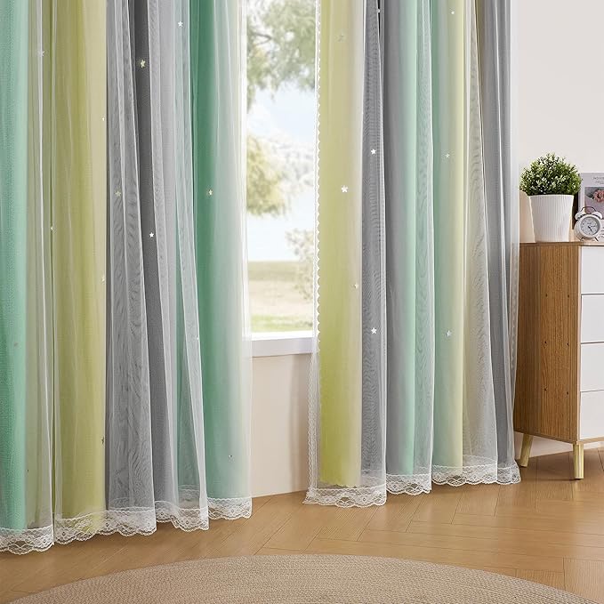 XiDi Curtains for Bedroom Decor, Rainbow GreenYellowGrey34/45/1 - Image 3