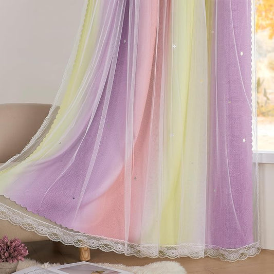 XiDi Curtains for Bedroom Decor, Rainbow Pink PurpleYellow34/90/1 by Addsomecolortolife