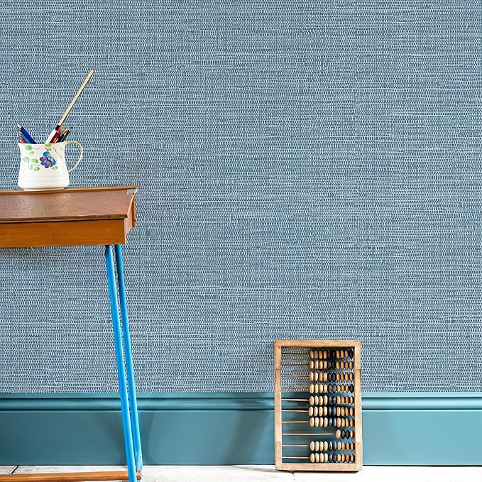 JiffDiff Grasscloth Wallpaper Peel and Stick Blue Grassweave Stick on Wallpaper - Image 3