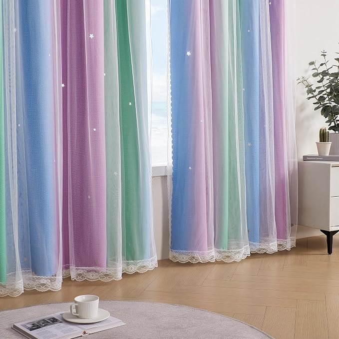 XiDi Curtains for Bedroom Decor, Rainbow Green PurpleBlue52/54/1 - Image 4