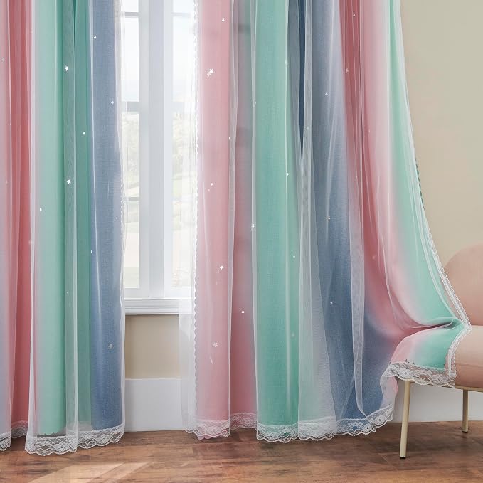 XiDi Pink Grey Curtains for Bedroom, Kids Room Wall Decoration Green Curtain - Image 7